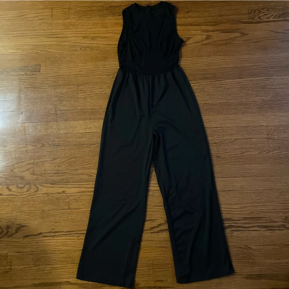 Corset Seam Ribbed Sleeveless Black Jumpsuit